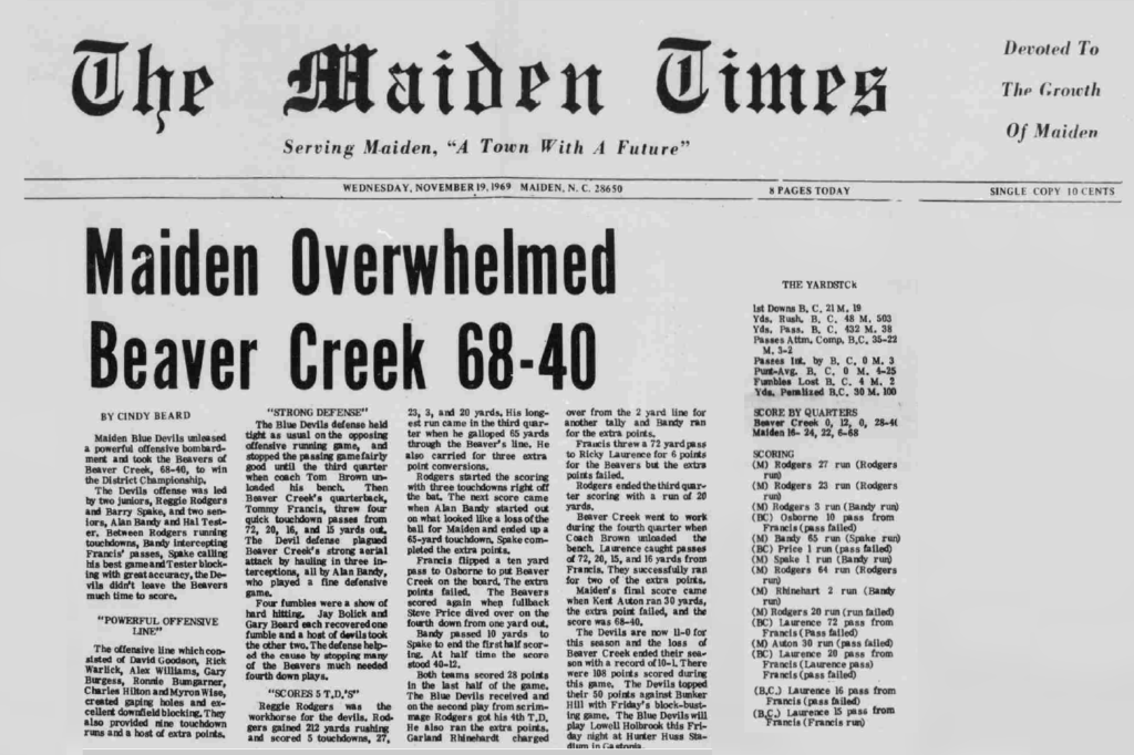 Maiden Blue Devils beat Beaver Creek in 1969