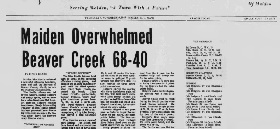 Maiden Blue Devils beat Beaver Creek in 1969